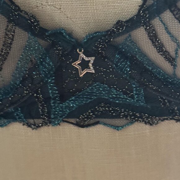 SAVAGE X FENTY Teal glitter sparkle sheer DEMI BRA with star design size 32B NEW - Picture 2 of 3